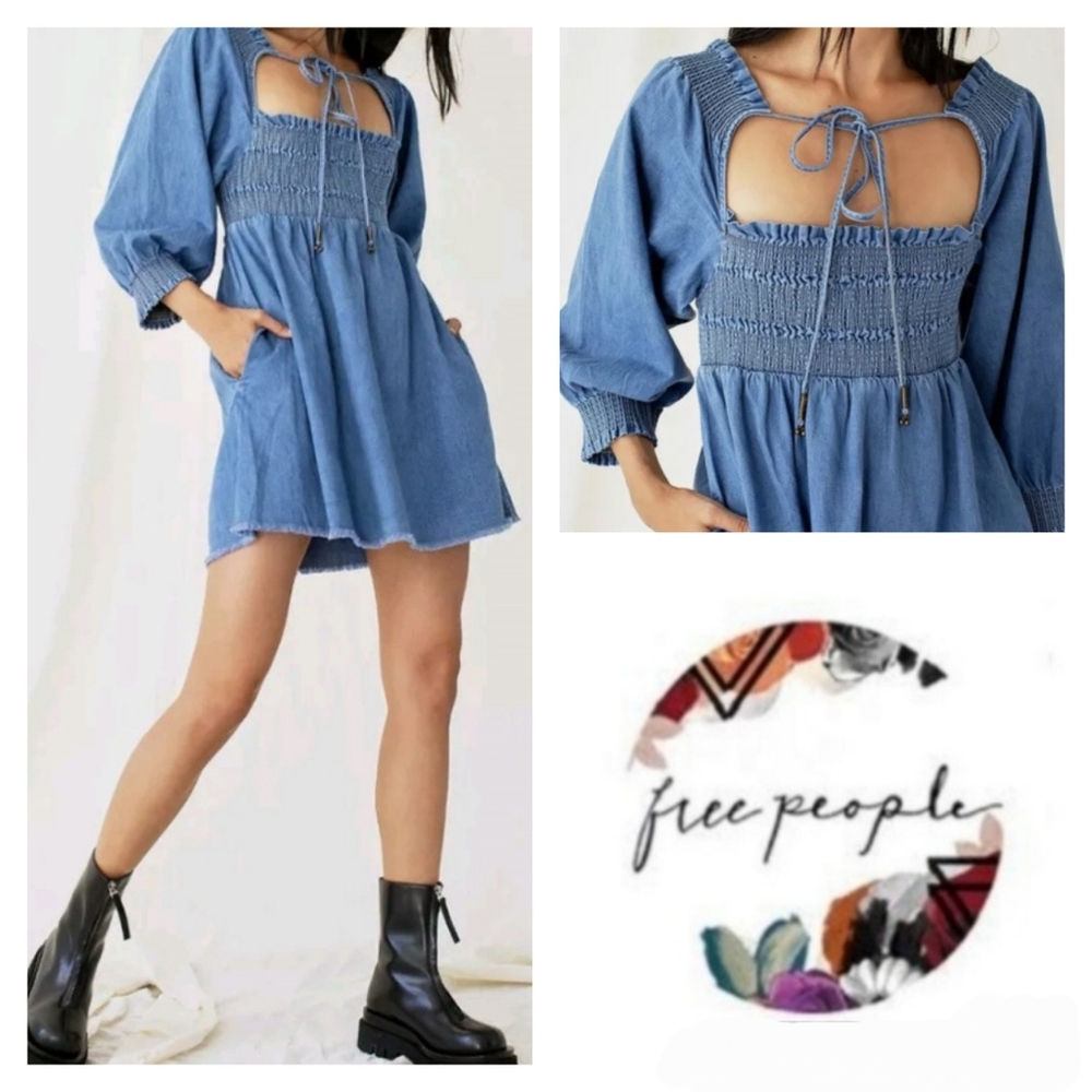 Free People NEW This Is Everything Smocked Denim Jean Dress Size Small